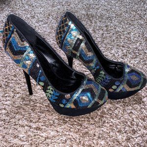 Blue, Black and Gold Sequin Stilletos